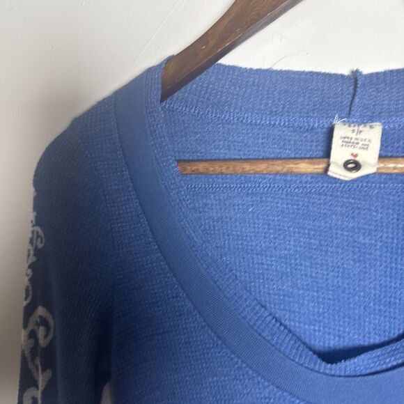 Free People Vintage? Blue Waffle Knit Thermal Floral Shirt Women's Size Small - Picture 3 of 10